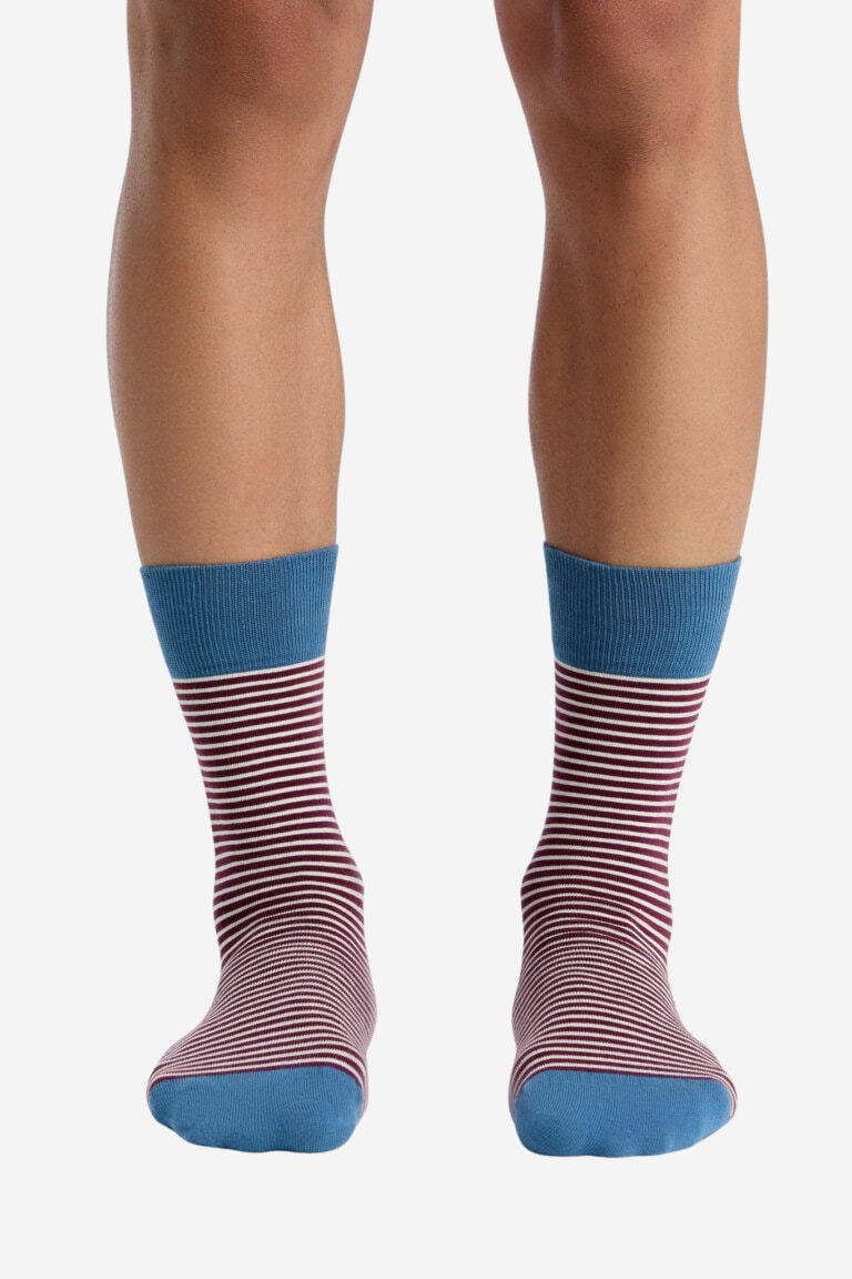 ekologiska strumpor bred resår randig vinöd/naturvit och blå modell