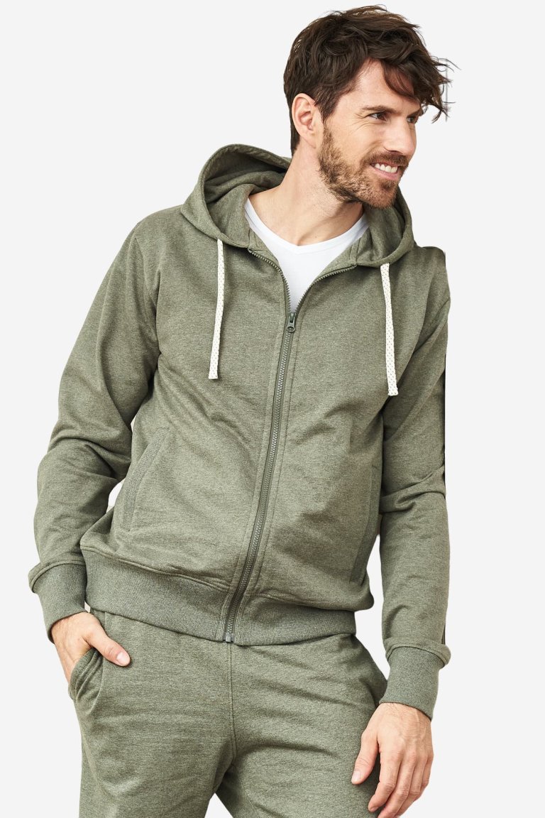 ekologisk hoodie dragkedja herr grönmelerad modell