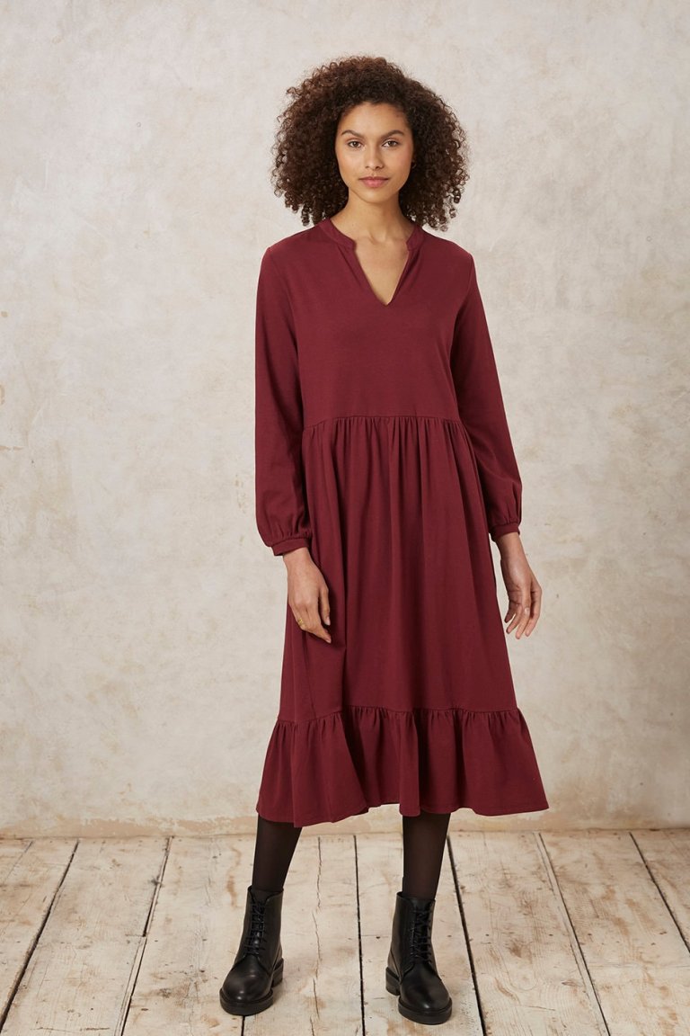 ekologisk klänning midi wallace vinröd modell helbild