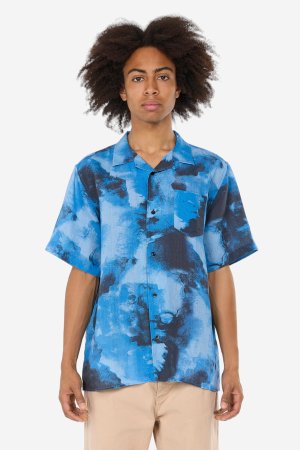 ekologisk skjorta kortärm lin oversize abstrakt blå modell