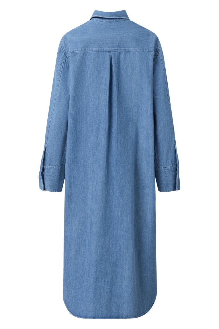 ekologisk jeans skjortklänning blå baksida