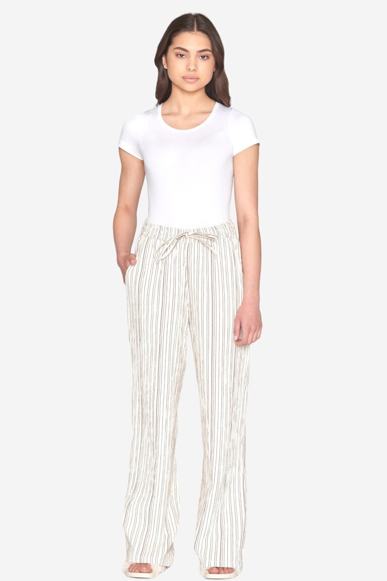 ekologiska byxor dubbelt muslintyg vida posey randig brun modell helbild