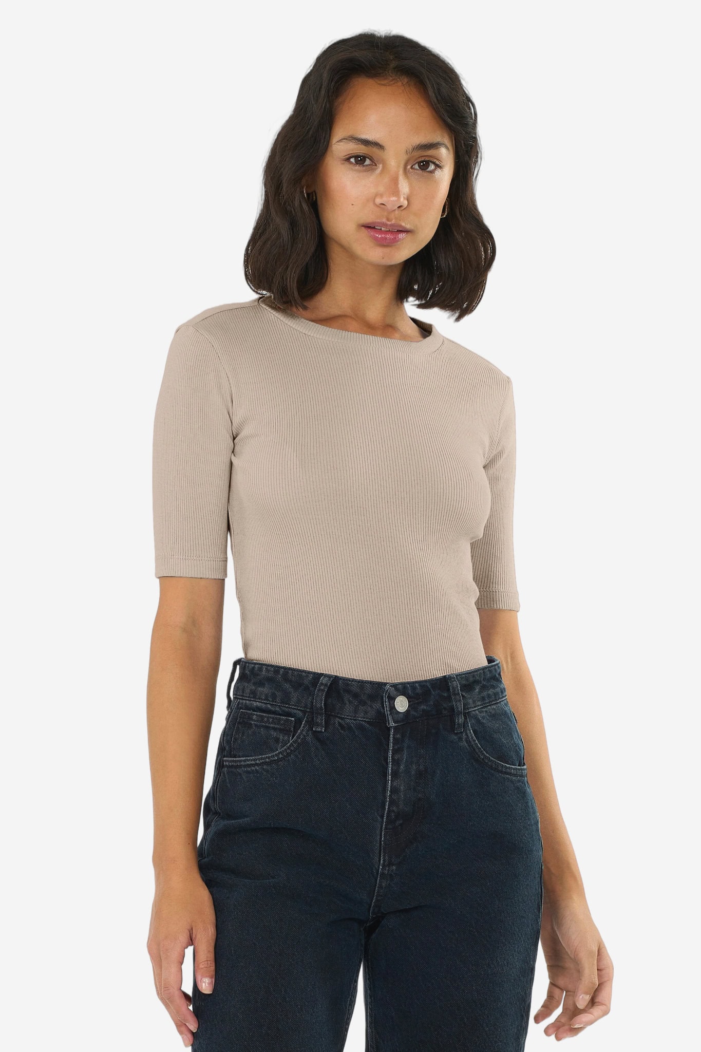 ekologisk topp ribbad kortärm beige modell