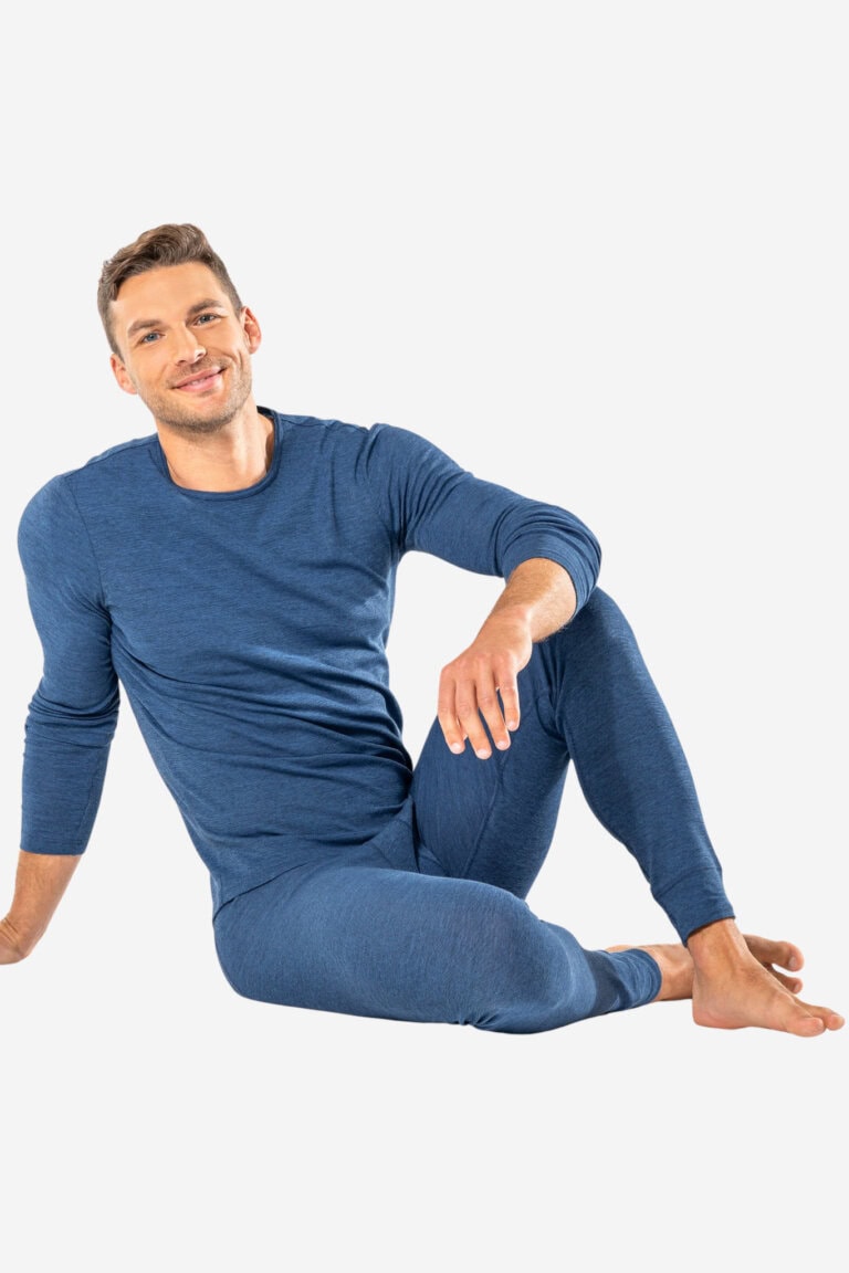 ekologiska långkalsonger ull/bomull linus blå modell sittande
