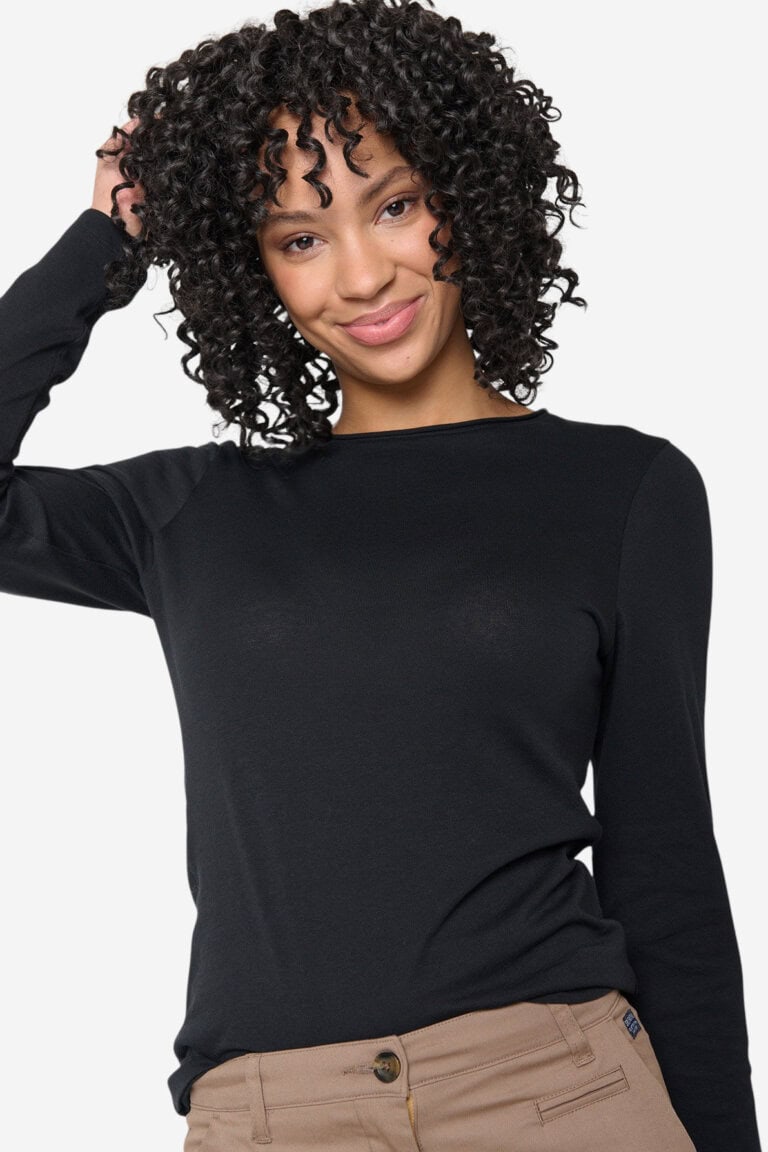 ekologisk topp långärm slimfit yummy svart modell närbild