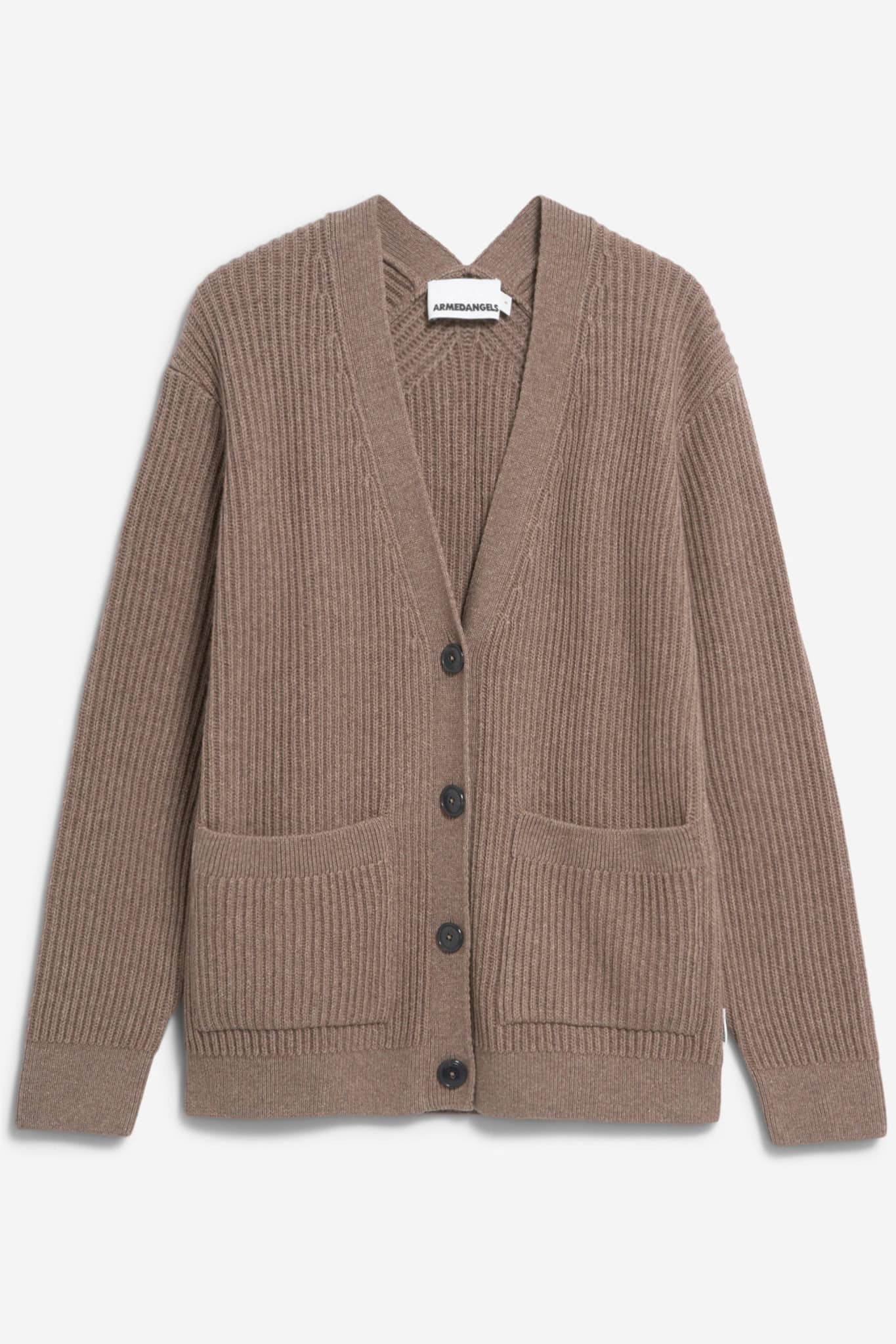 ekologisk kofta v-ringad ribstickad maiyaa-2 brun melerad