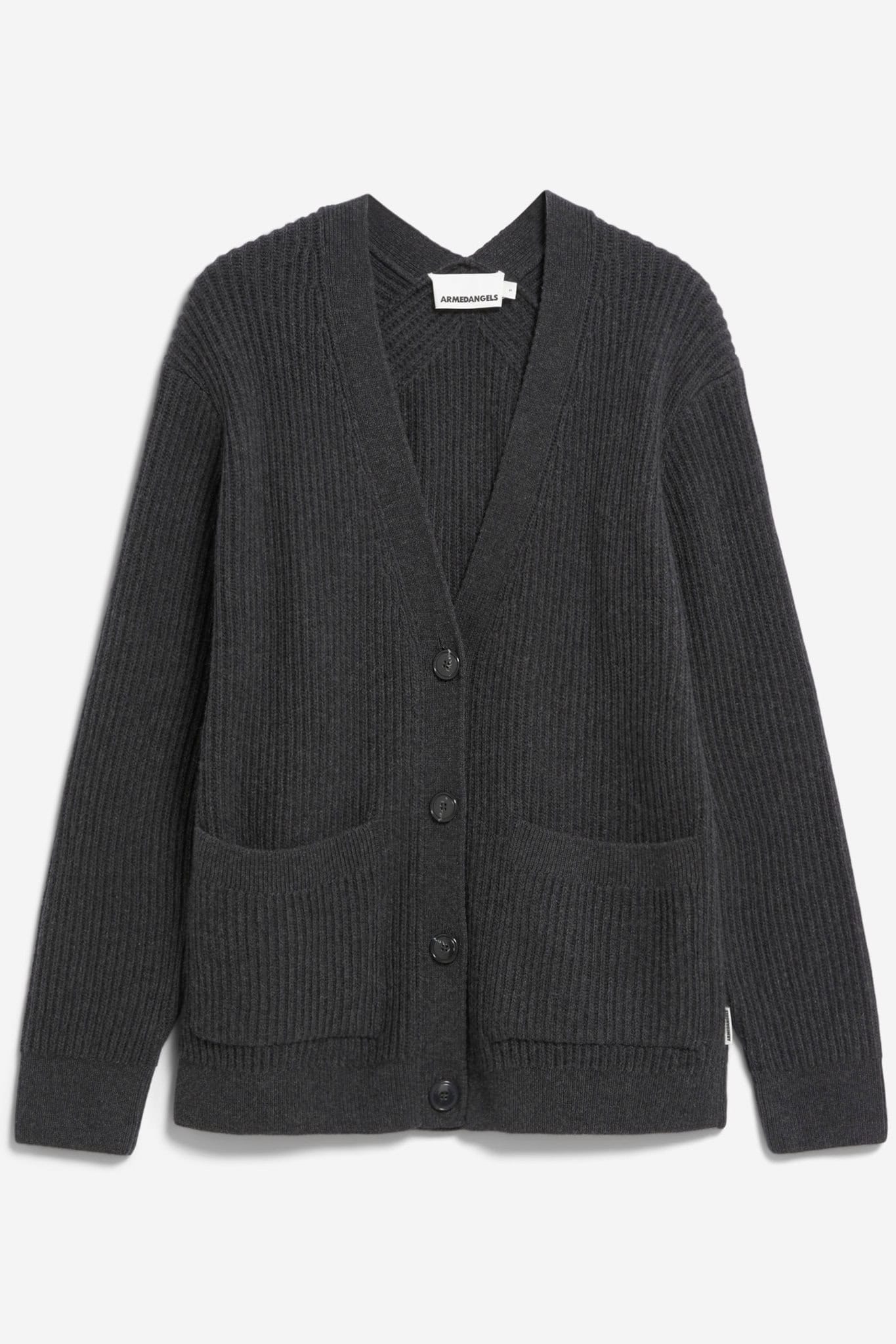 ekologisk kofta v-ringad ribstickad maiyaa-2 mörkgrå melerad