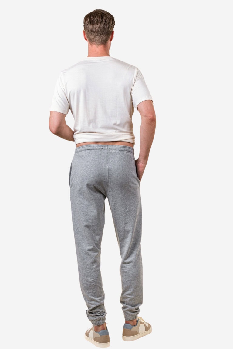 ekologiska joggingbyxor herr calvin gråmelerad modell bakifrån