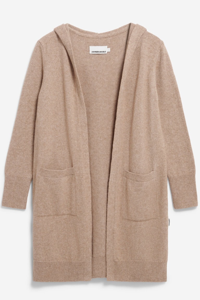 ekologisk kofta lång hoodie ullmix warmaa ljusbrun melerad