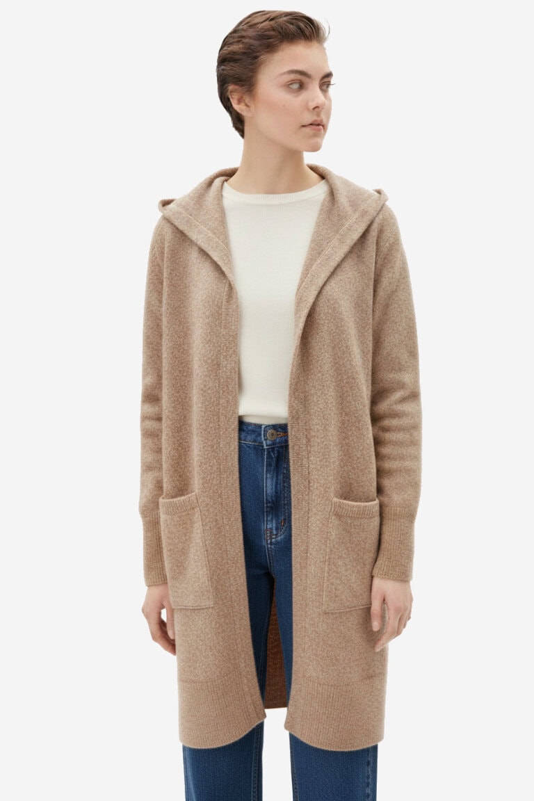 ekologisk kofta lång hoodie ullmix warmaa ljusbrun melerad modell