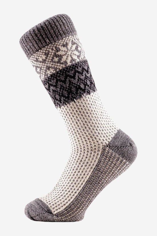 ekologiska ullstrumpor snöfallsmönster grå