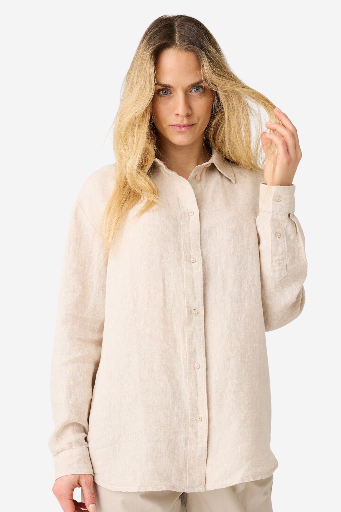 Linneskjorta rymlig dam beige melerad