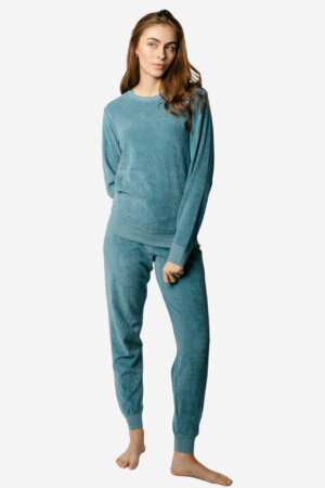 ekologisk pyjamas dam bonnie frotté petrolblå modell helbild